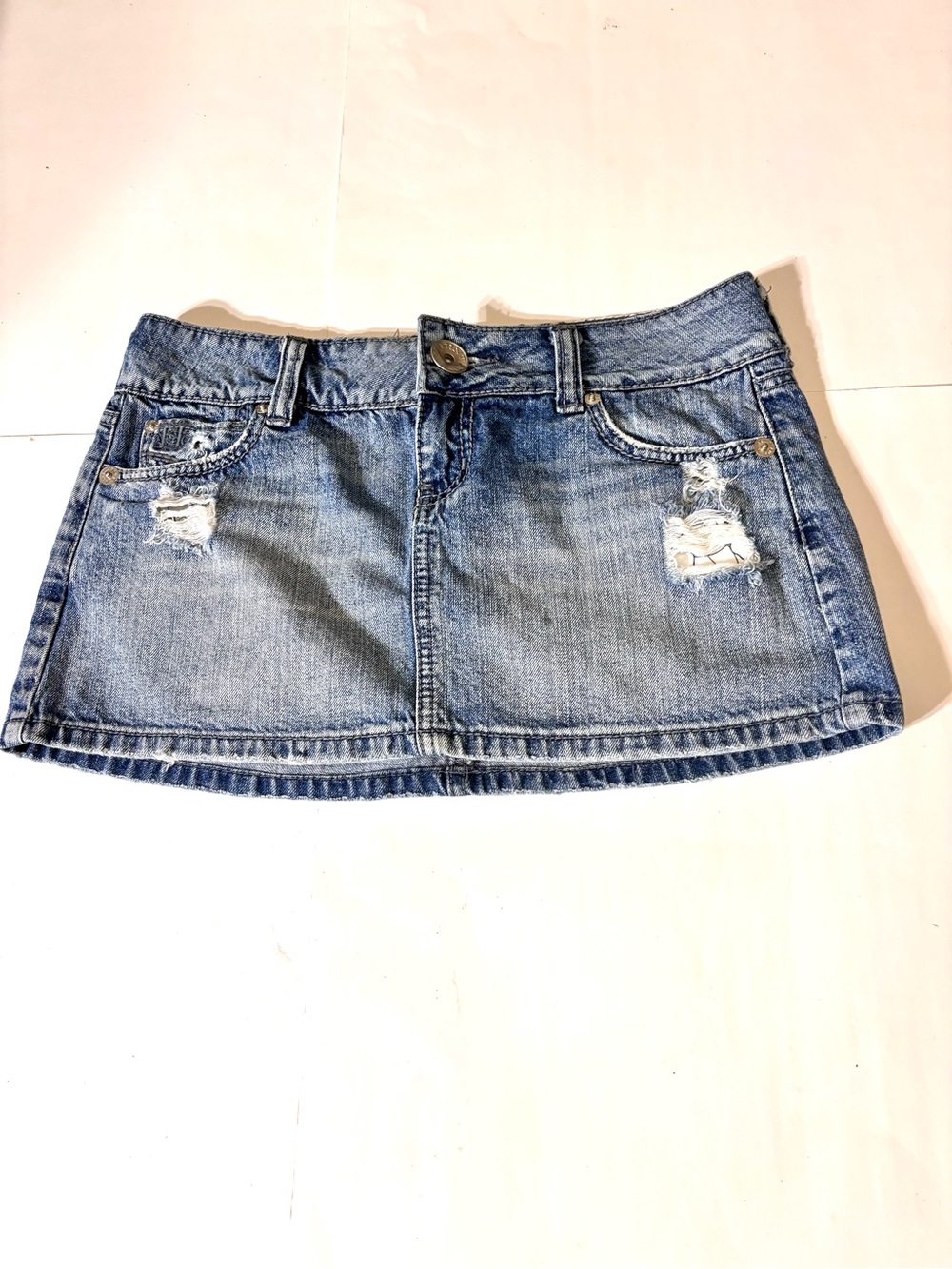 26 Hint Denim Mini Skirt - Light Blue Distressed